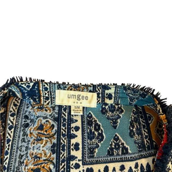 Umgee Open Fringe Hem Cardigan Kimono Patchwork Mix Print S/M Red Blue Yellow - Picture 5 of 14